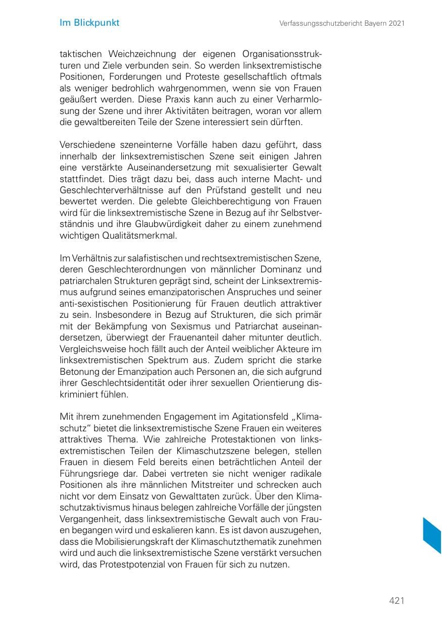 Seite 421 des Verfassungsschutzbericht 2021 Bayern