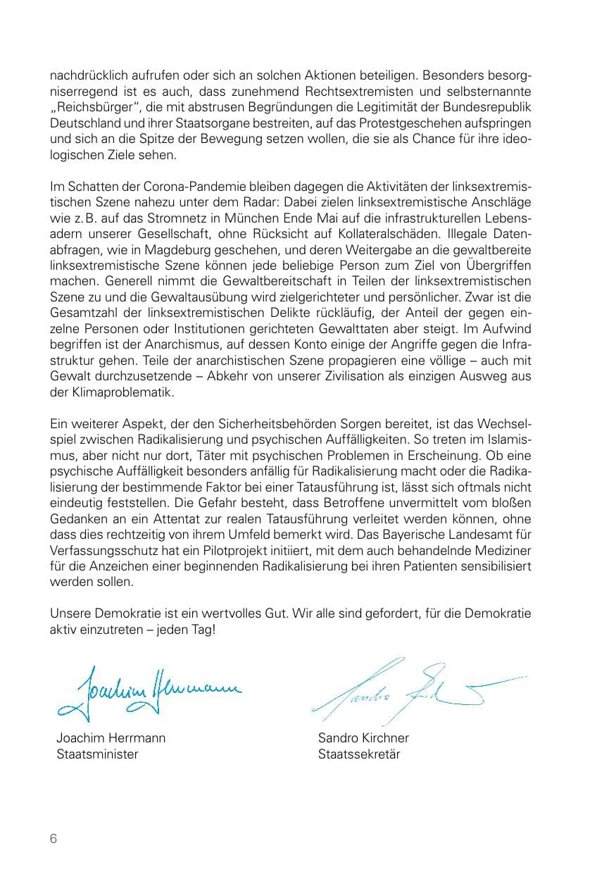 Seite 6 des Verfassungsschutzbericht 2021 Bayern