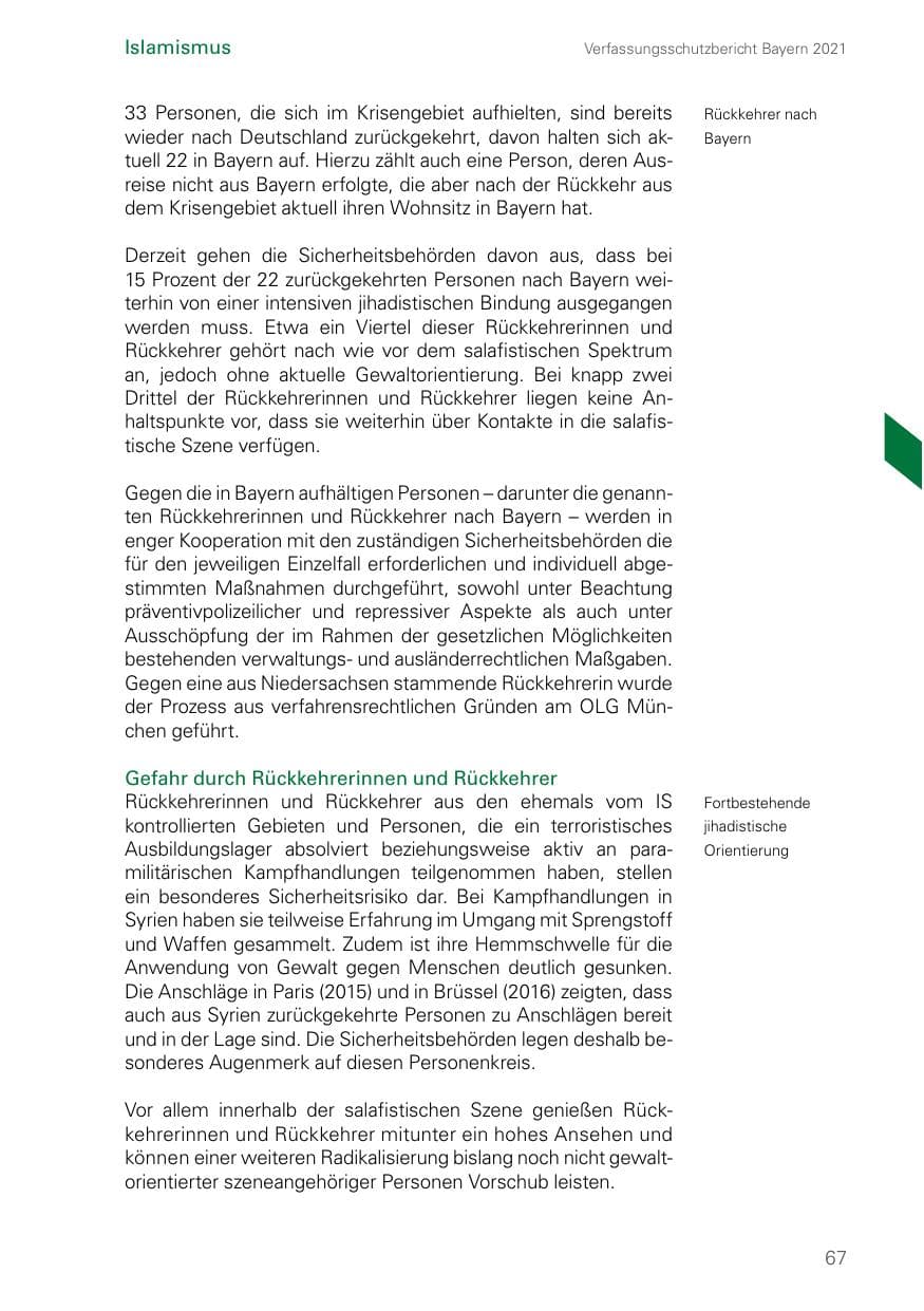 Seite 67 des Verfassungsschutzbericht 2021 Bayern