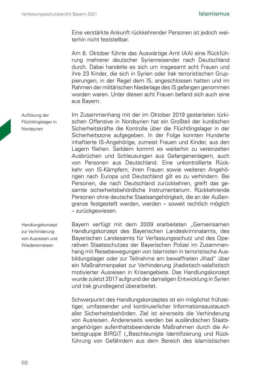 Seite 68 des Verfassungsschutzbericht 2021 Bayern