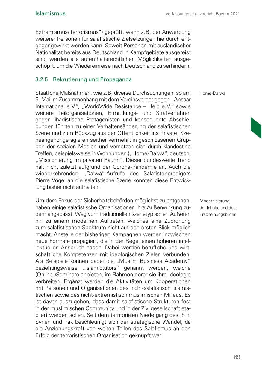 Seite 69 des Verfassungsschutzbericht 2021 Bayern