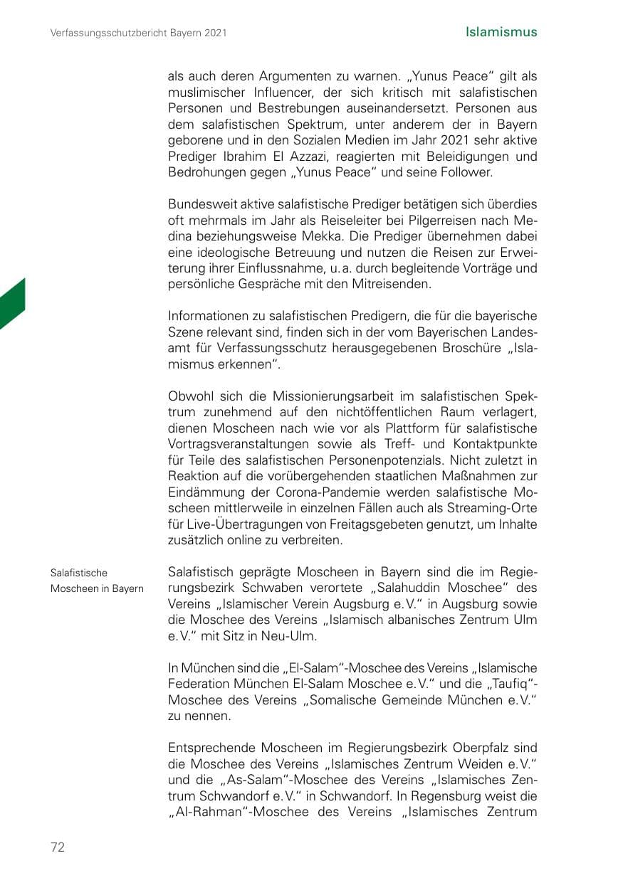 Seite 72 des Verfassungsschutzbericht 2021 Bayern