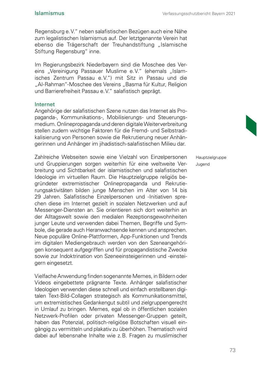 Seite 73 des Verfassungsschutzbericht 2021 Bayern