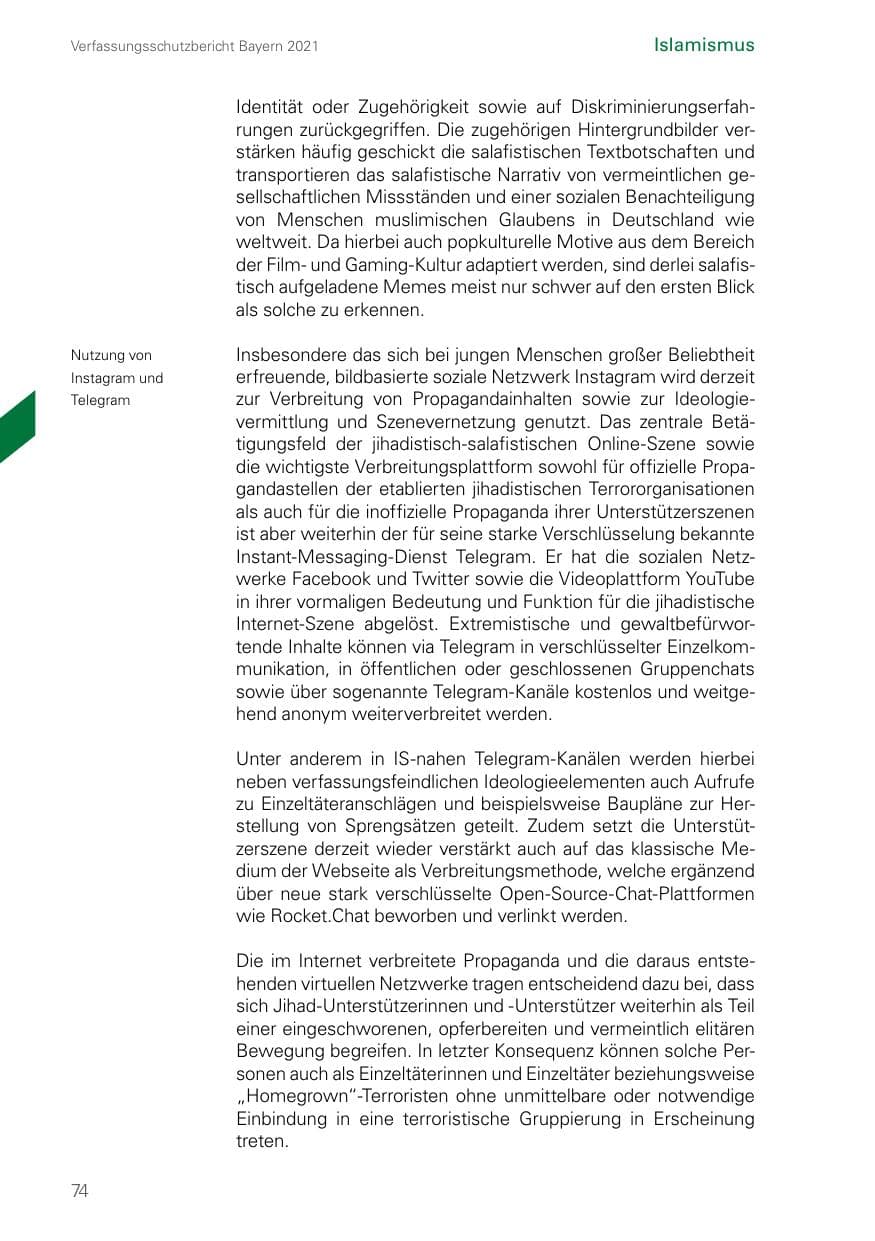 Seite 74 des Verfassungsschutzbericht 2021 Bayern