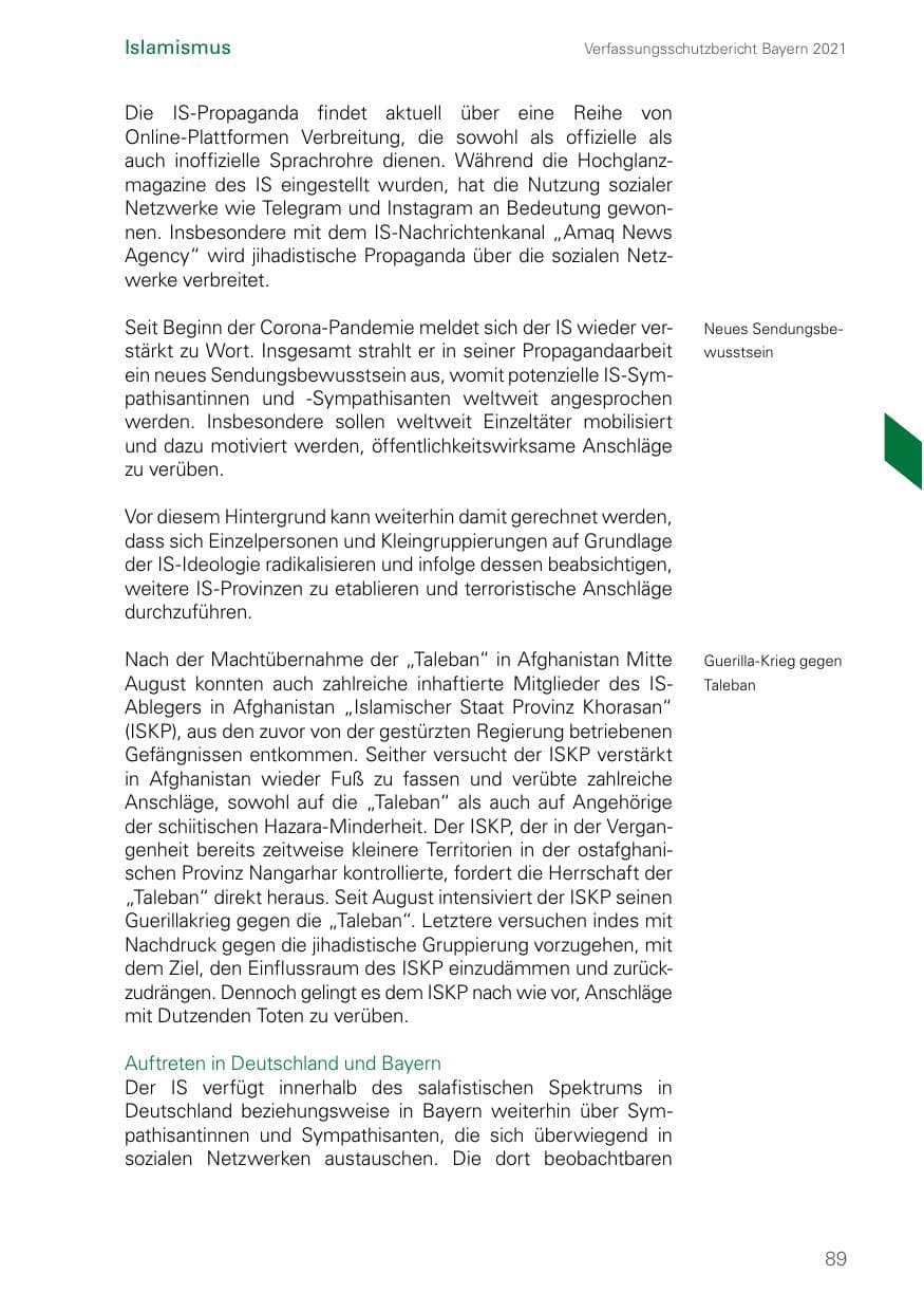 Seite 89 des Verfassungsschutzbericht 2021 Bayern