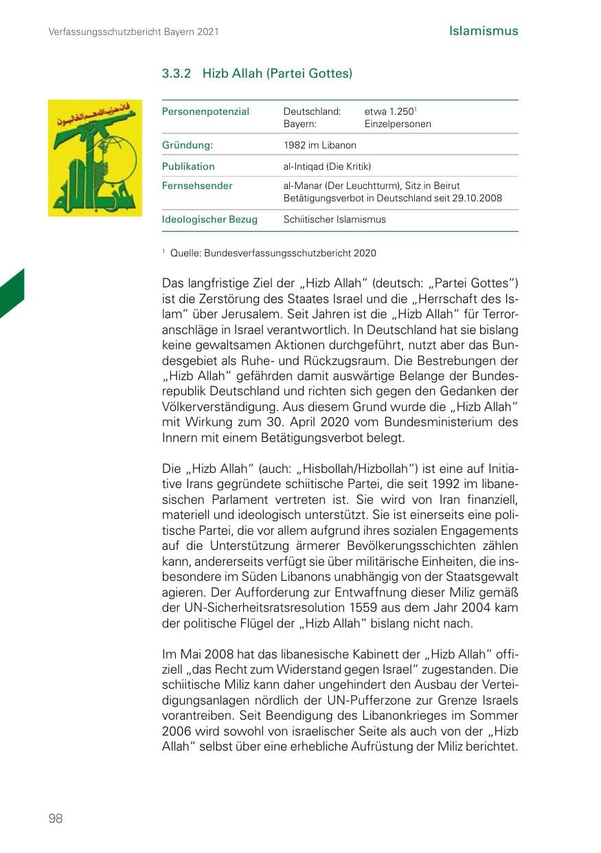 Seite 98 des Verfassungsschutzbericht 2021 Bayern