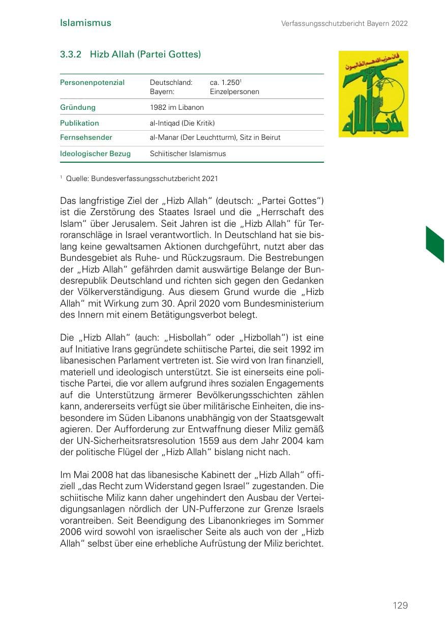 Seite 129 des Verfassungsschutzbericht 2022 Bayern