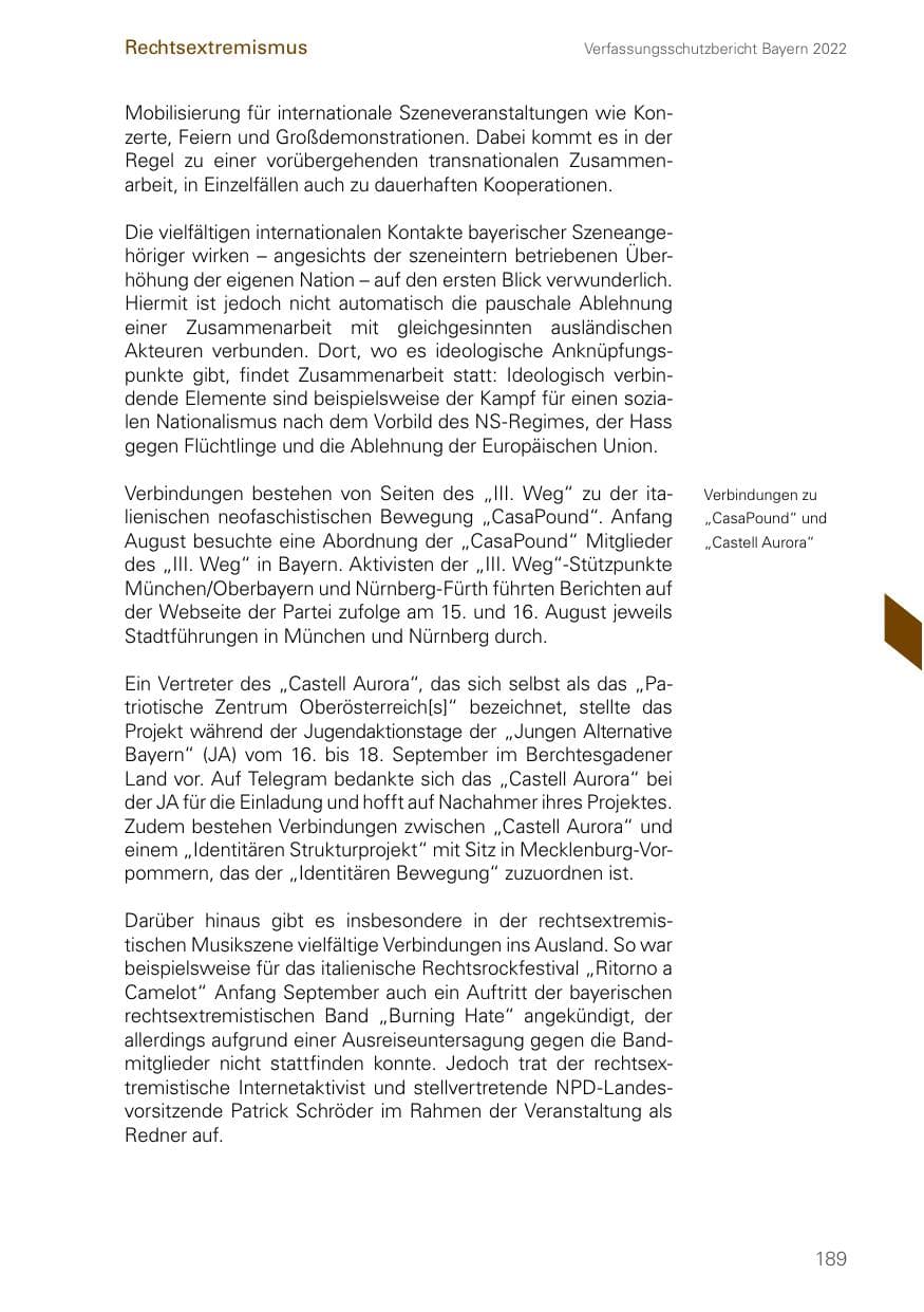 Seite 189 des Verfassungsschutzbericht 2022 Bayern