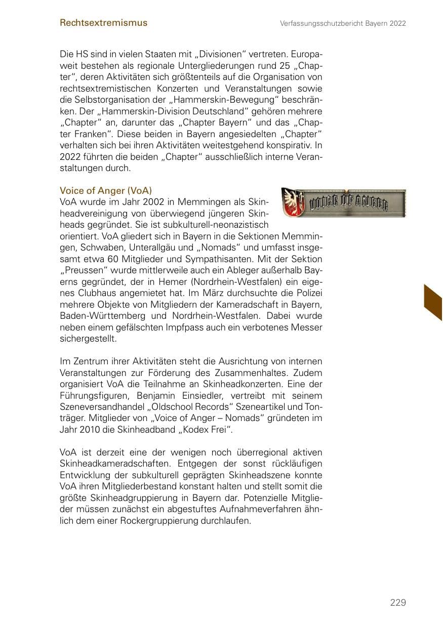 Seite 229 des Verfassungsschutzbericht 2022 Bayern