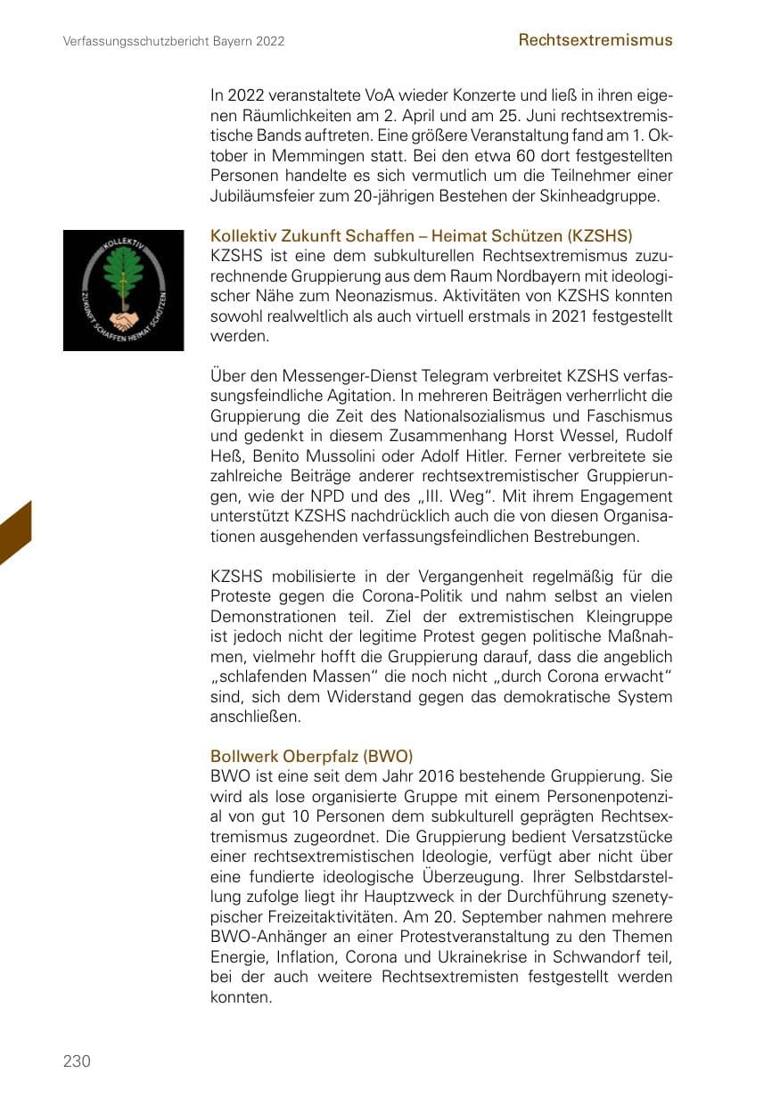 Seite 230 des Verfassungsschutzbericht 2022 Bayern
