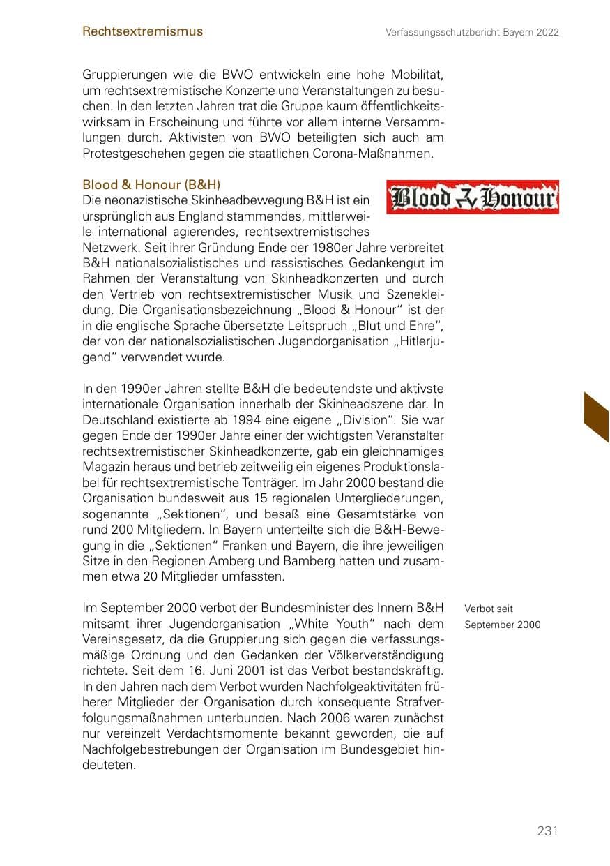 Seite 231 des Verfassungsschutzbericht 2022 Bayern