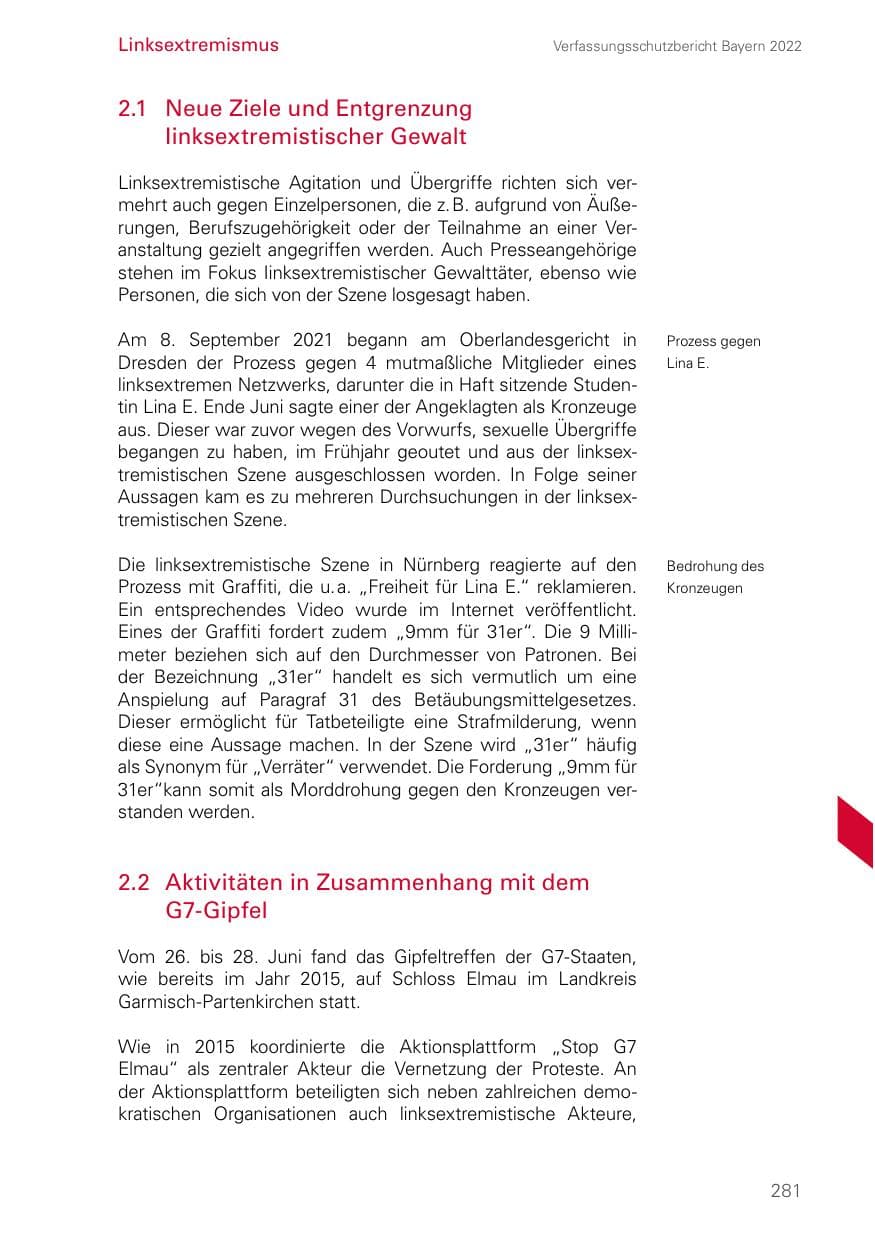 Seite 281 des Verfassungsschutzbericht 2022 Bayern