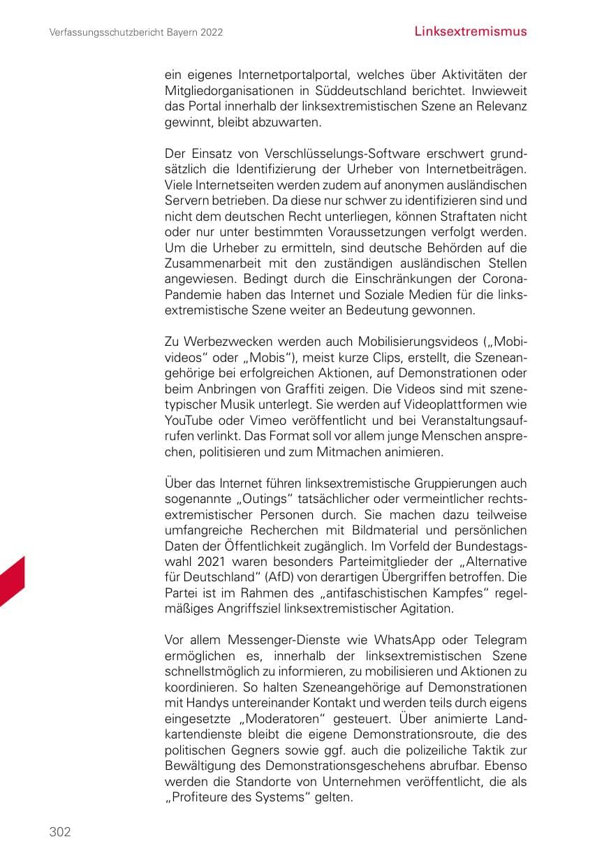 Seite 302 des Verfassungsschutzbericht 2022 Bayern