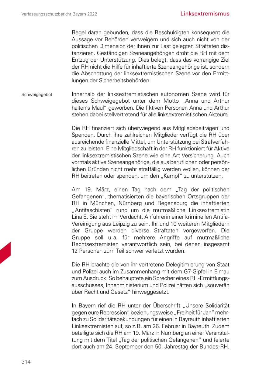 Seite 314 des Verfassungsschutzbericht 2022 Bayern
