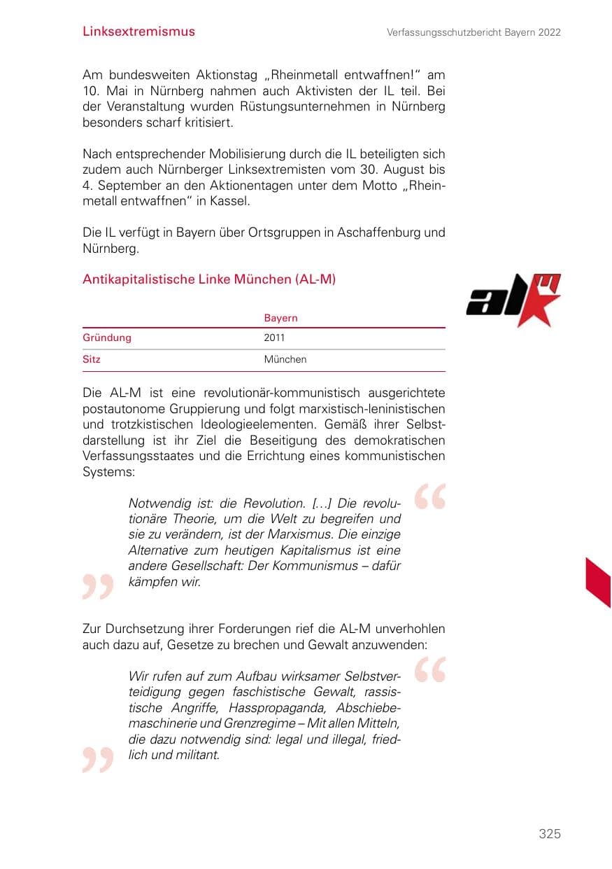 Seite 325 des Verfassungsschutzbericht 2022 Bayern