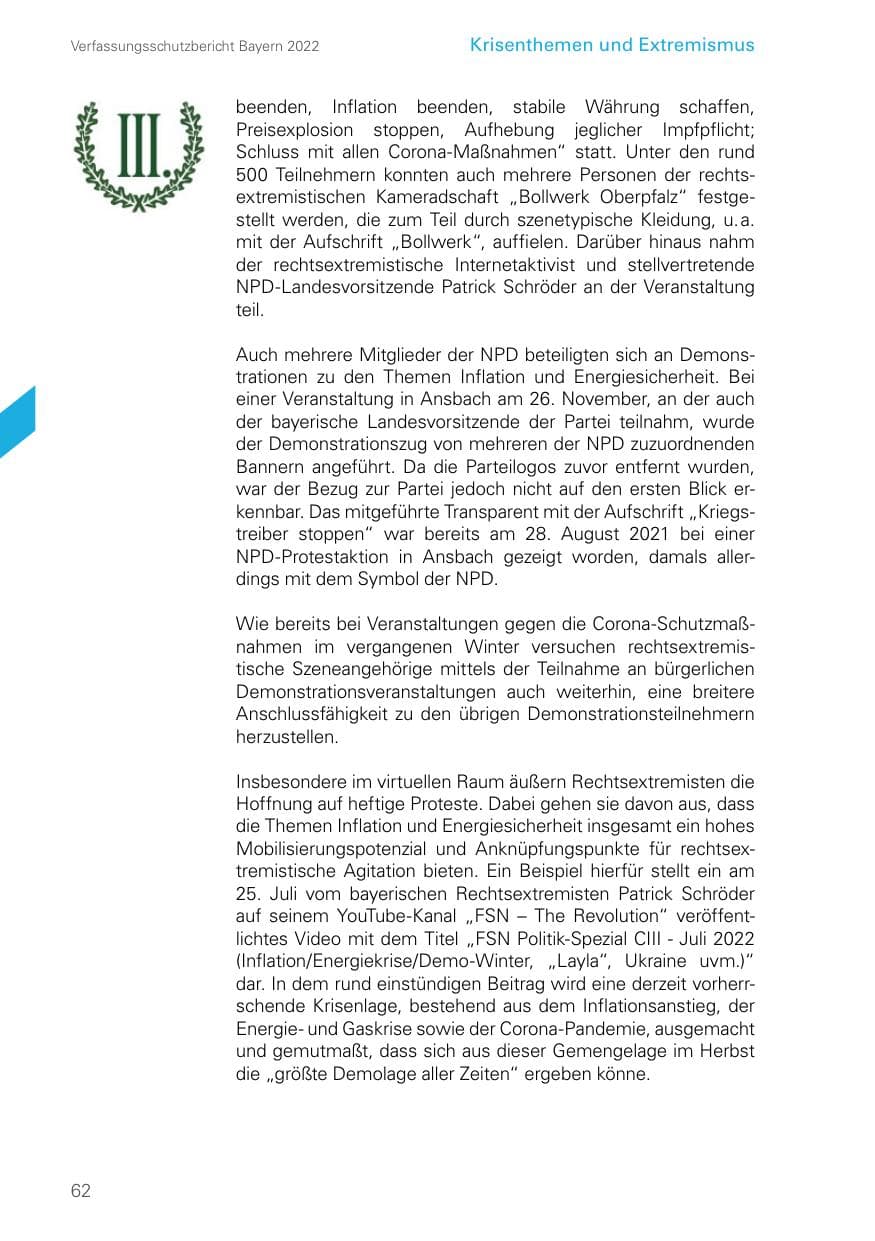 Seite 62 des Verfassungsschutzbericht 2022 Bayern