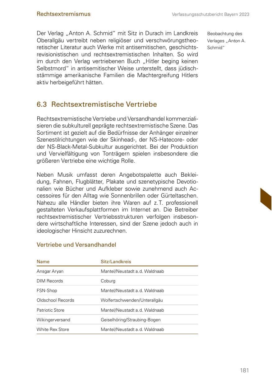 Seite 181 des Verfassungsschutzbericht 2023 Bayern