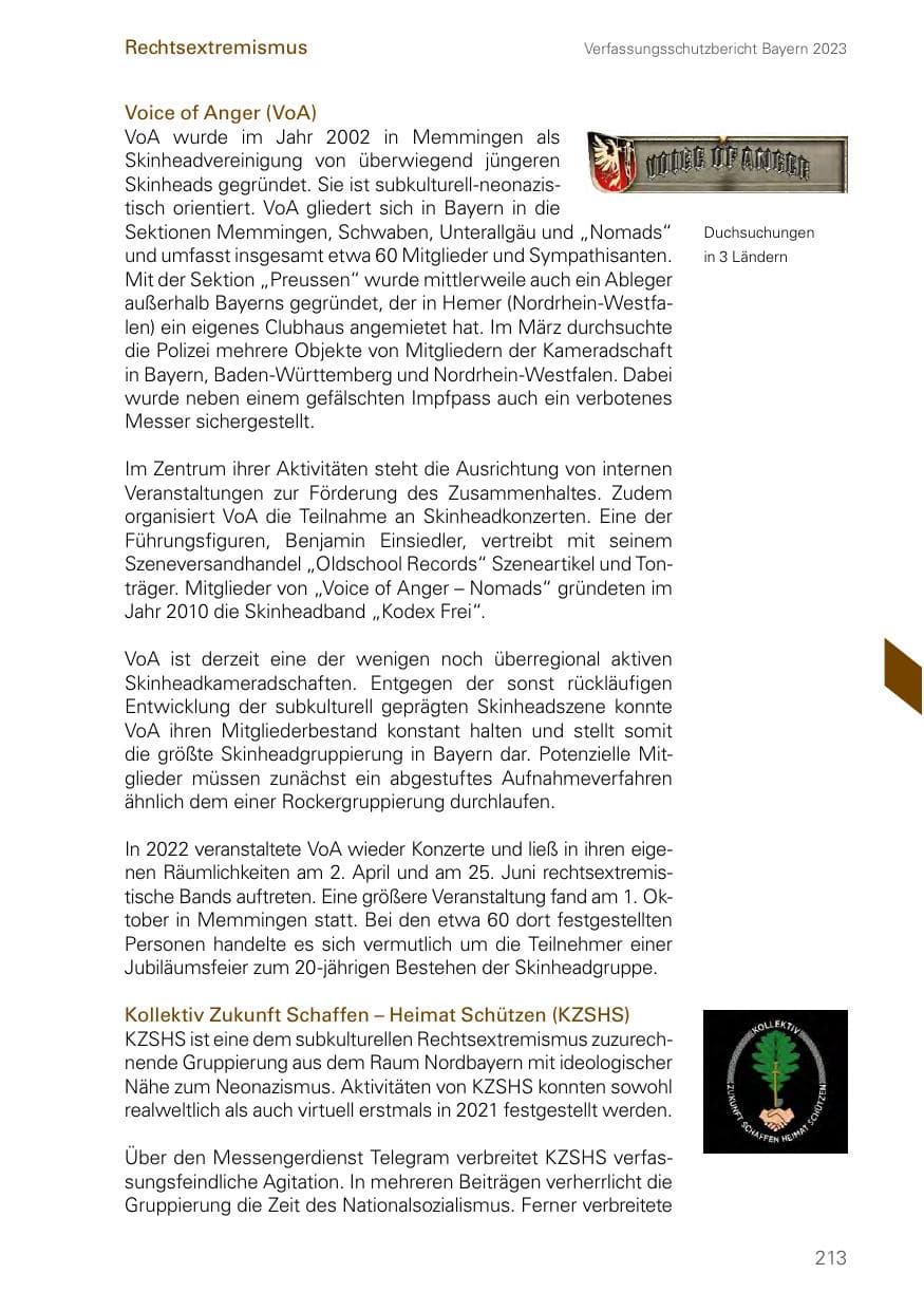 Seite 213 des Verfassungsschutzbericht 2023 Bayern