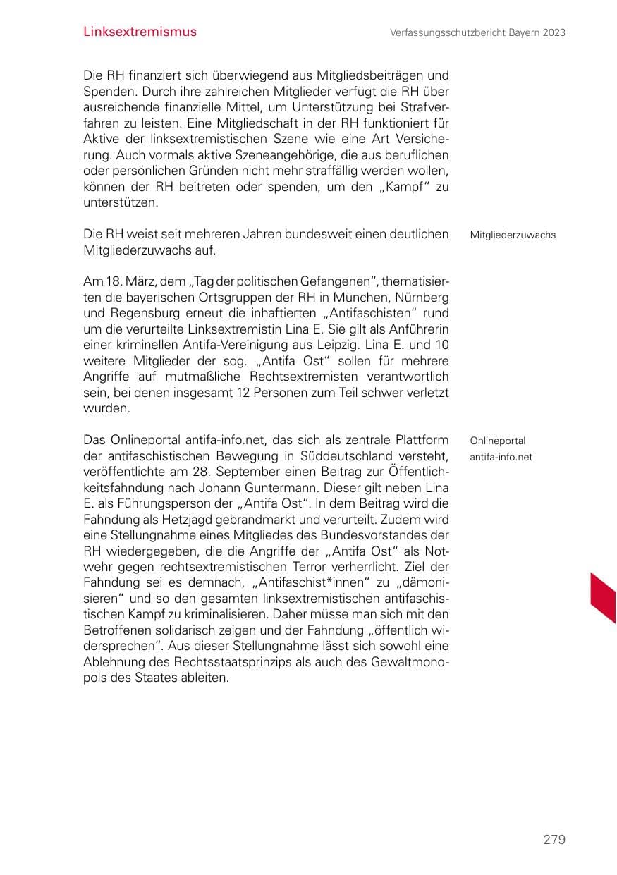 Seite 279 des Verfassungsschutzbericht 2023 Bayern