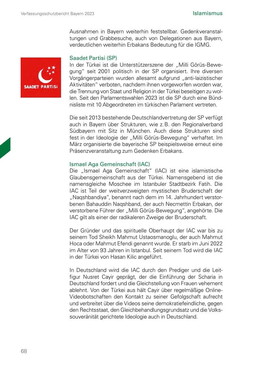 Seite 68 des Verfassungsschutzbericht 2023 Bayern