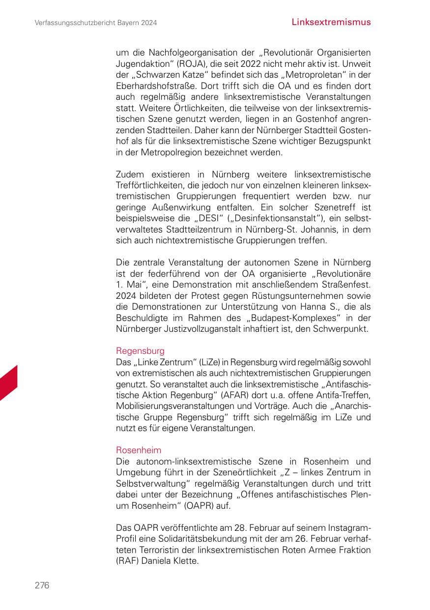 Seite 276 des Verfassungsschutzbericht 2024 Bayern