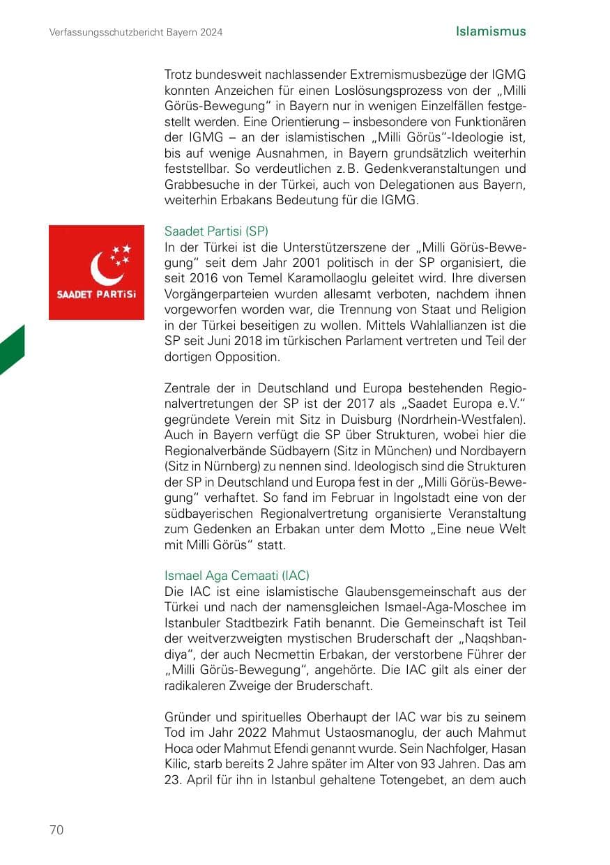 Seite 70 des Verfassungsschutzbericht 2024 Bayern