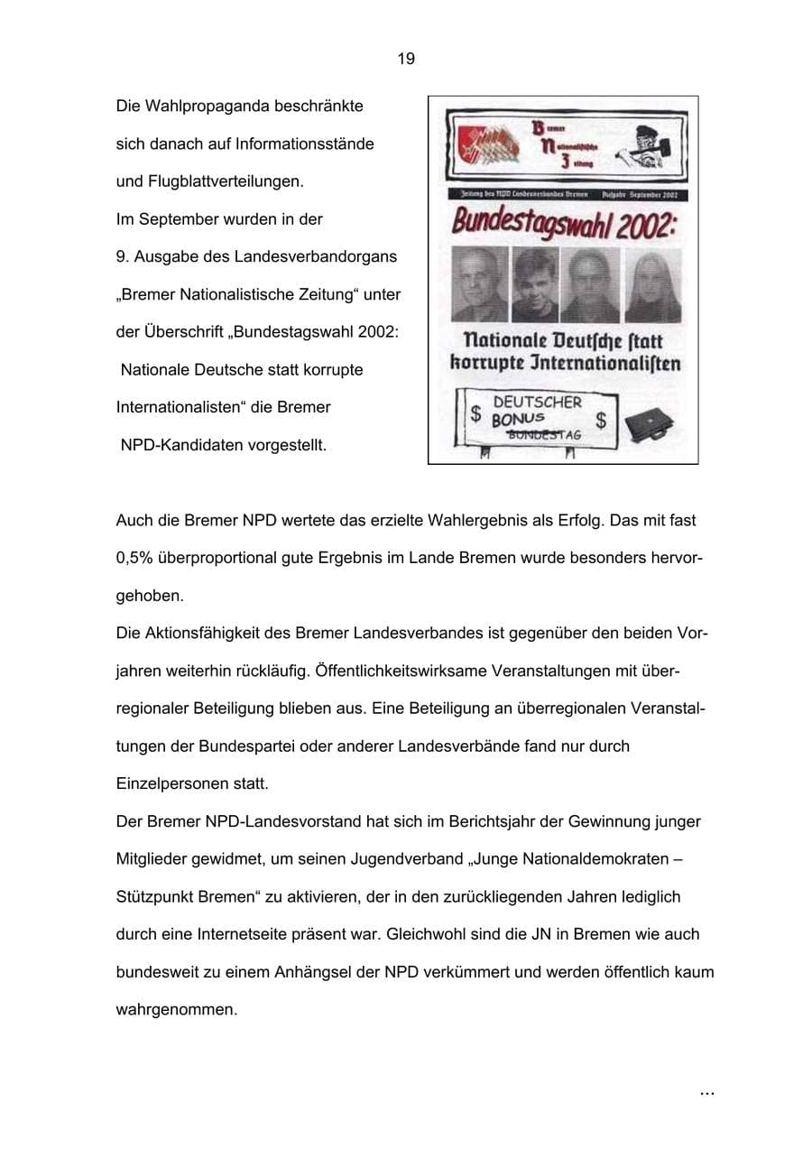 Seite 19 des Verfassungsschutzbericht 2002 Bremen