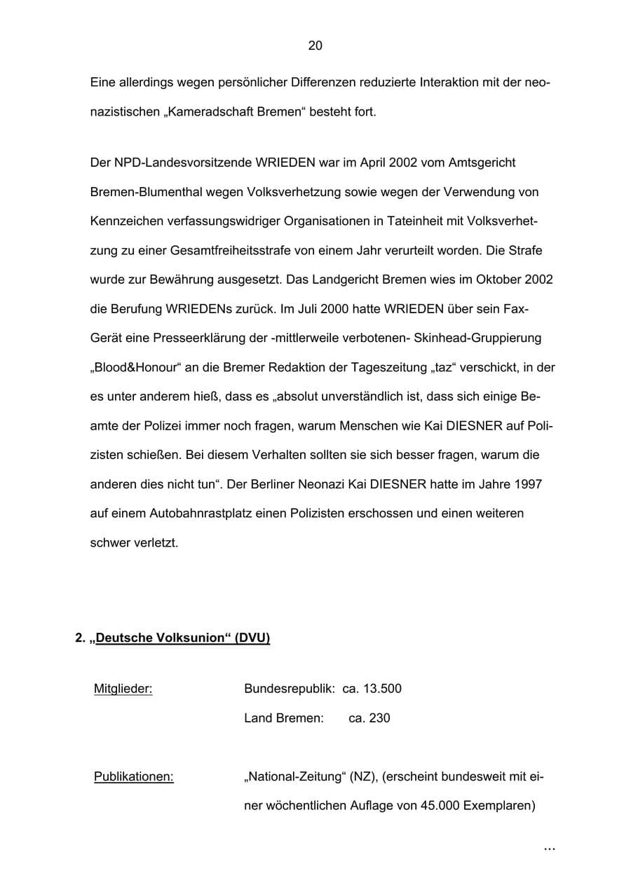 Seite 20 des Verfassungsschutzbericht 2002 Bremen