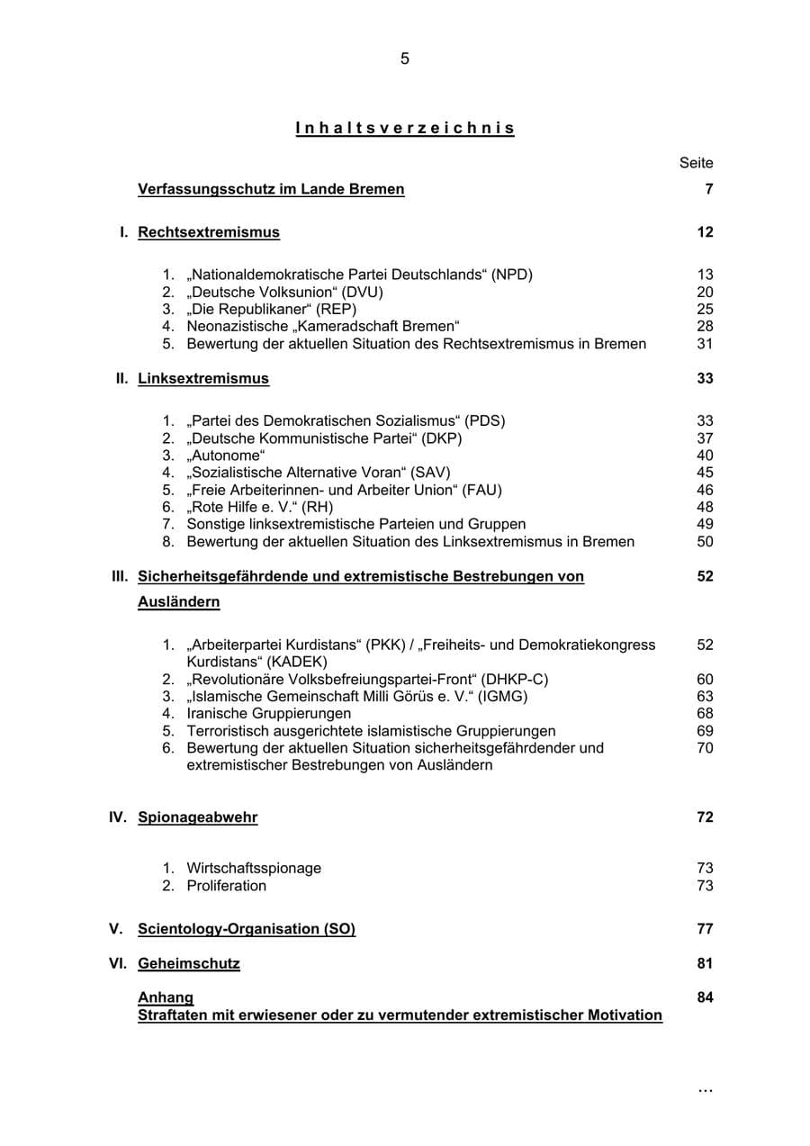 Seite 5 des Verfassungsschutzbericht 2002 Bremen