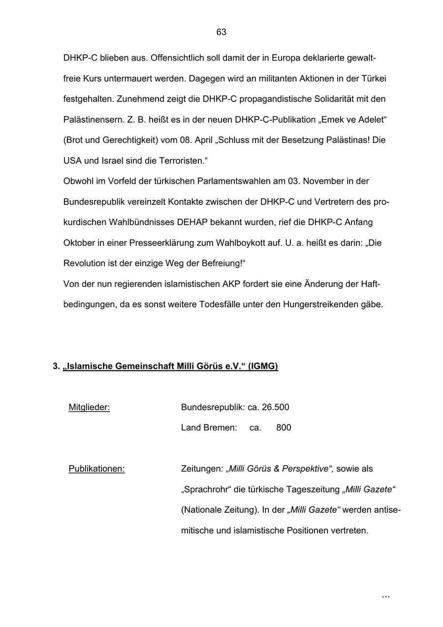 Seite 63 des Verfassungsschutzbericht 2002 Bremen