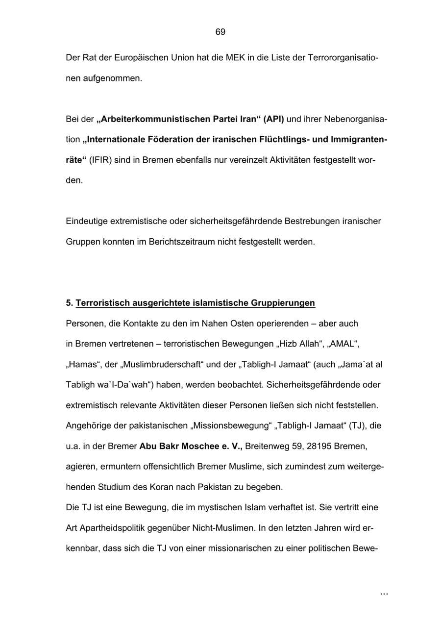 Seite 69 des Verfassungsschutzbericht 2002 Bremen