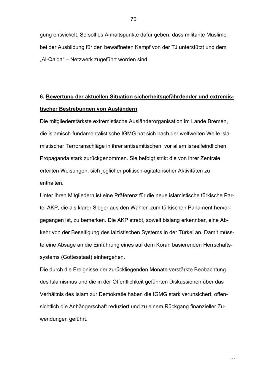 Seite 70 des Verfassungsschutzbericht 2002 Bremen
