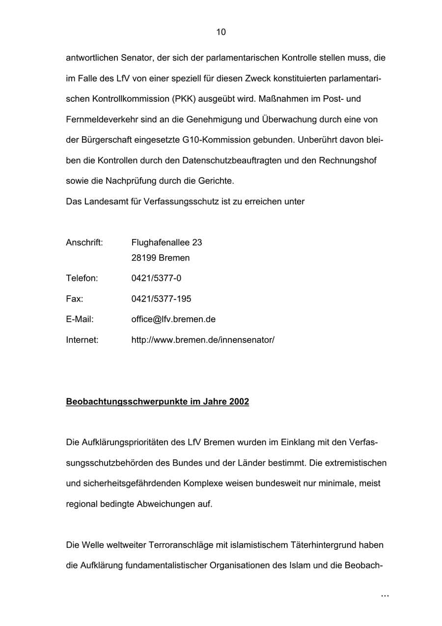 Seite 10 des Verfassungsschutzbericht 2002 Bremen