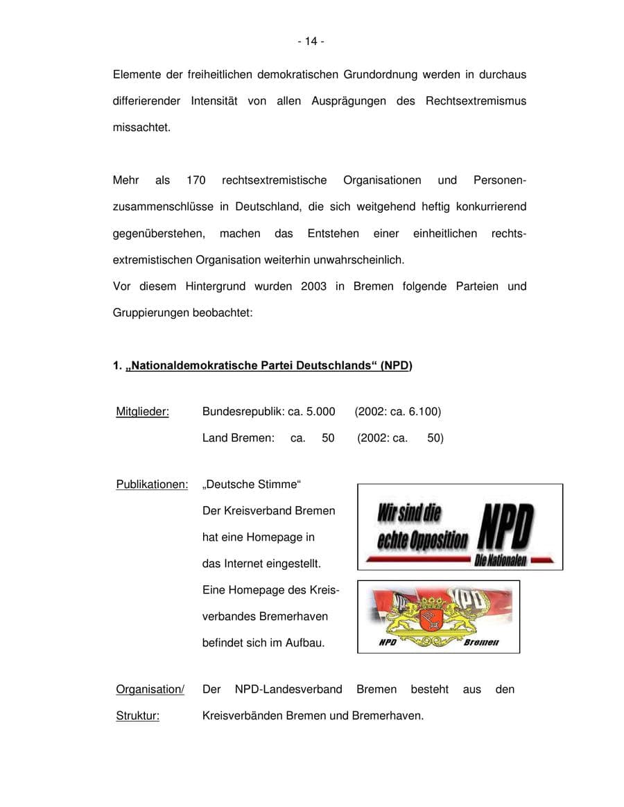 Seite 14 des Verfassungsschutzbericht 2003 Bremen