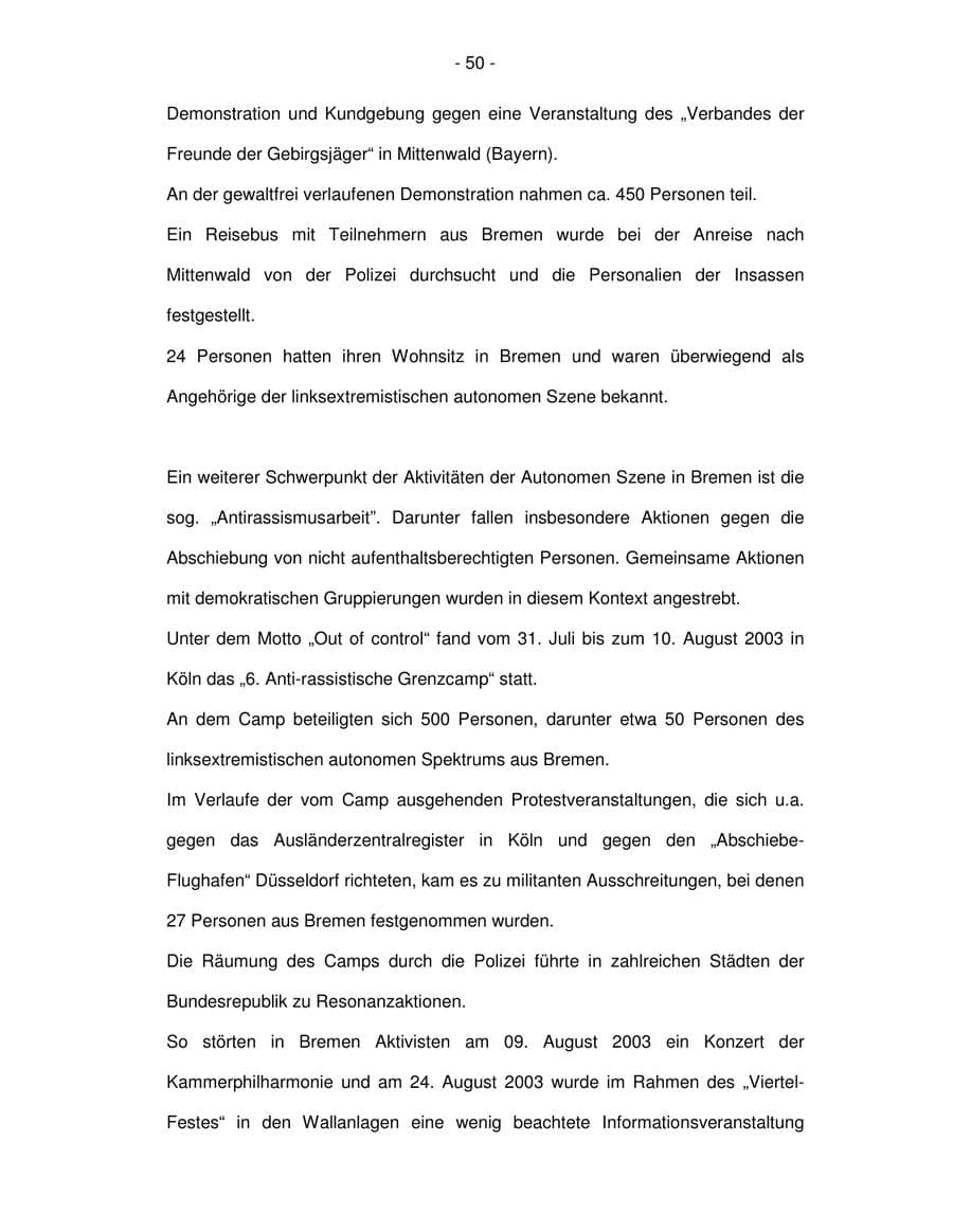 Seite 50 des Verfassungsschutzbericht 2003 Bremen