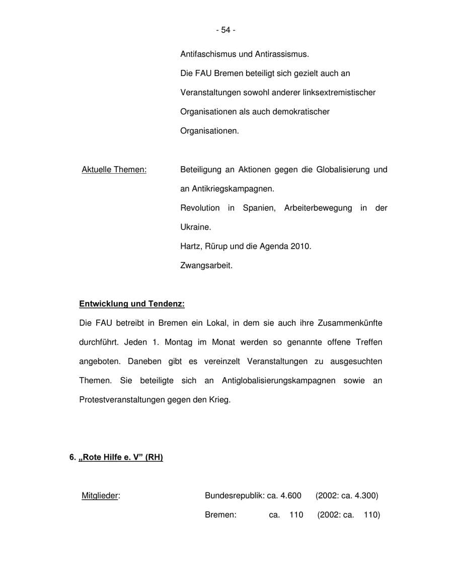 Seite 54 des Verfassungsschutzbericht 2003 Bremen