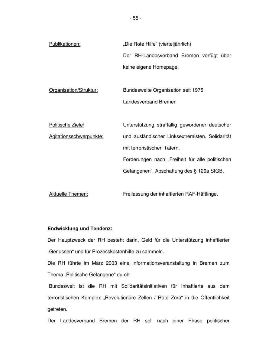 Seite 55 des Verfassungsschutzbericht 2003 Bremen
