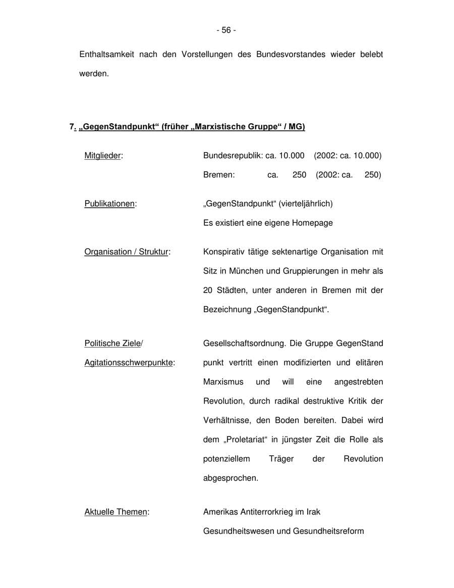 Seite 56 des Verfassungsschutzbericht 2003 Bremen