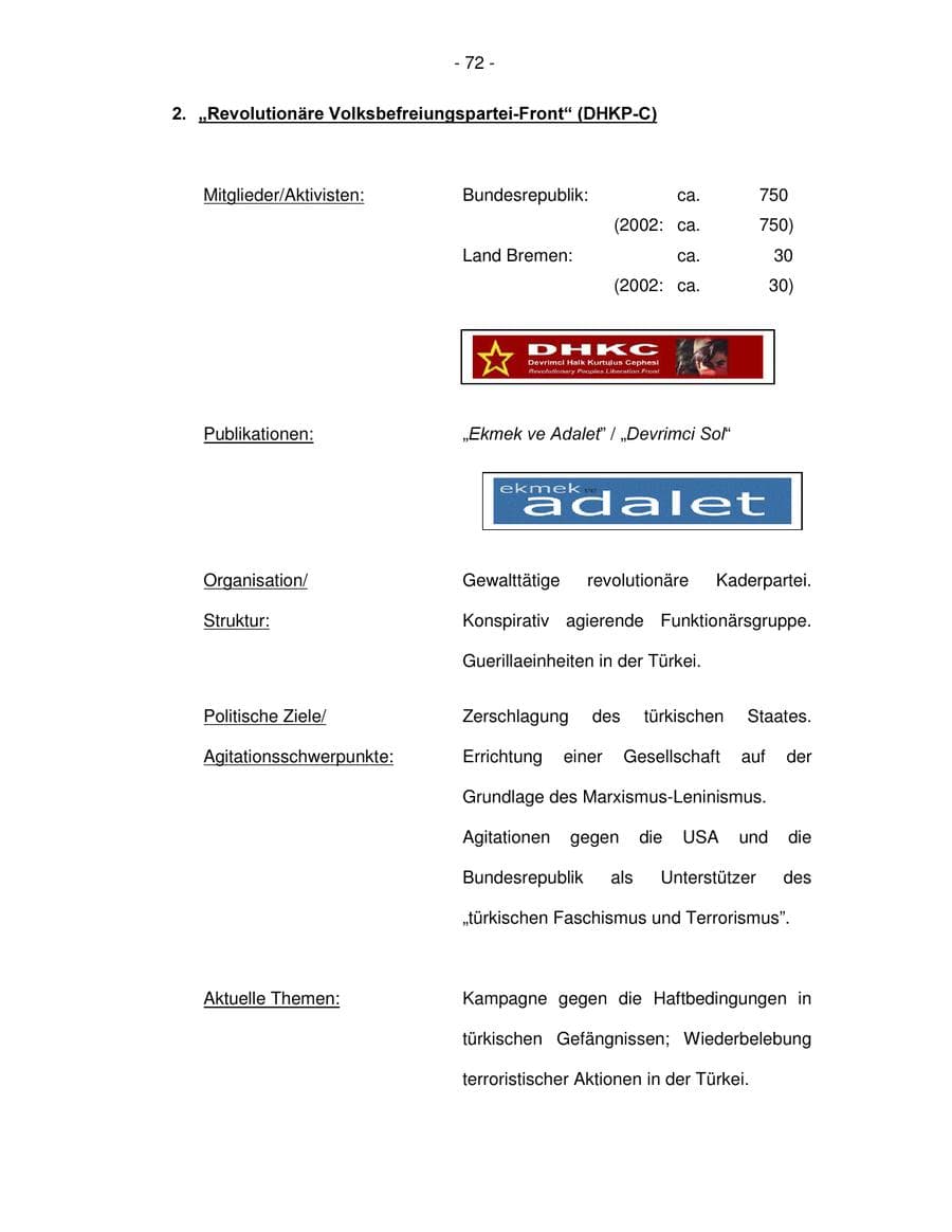 Seite 72 des Verfassungsschutzbericht 2003 Bremen