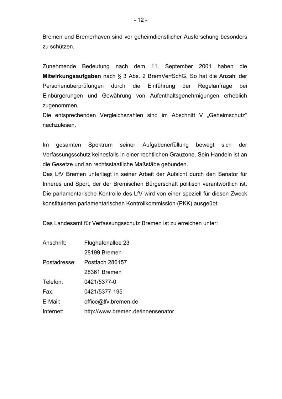 Seite 12 des Verfassungsschutzbericht 2004 Bremen