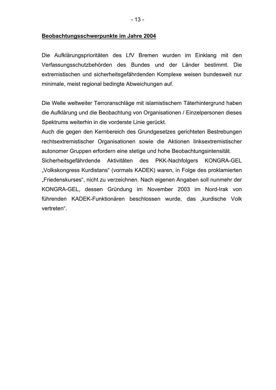 Seite 13 des Verfassungsschutzbericht 2004 Bremen