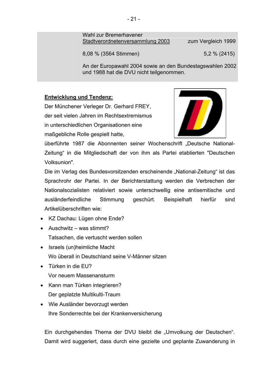 Seite 21 des Verfassungsschutzbericht 2004 Bremen