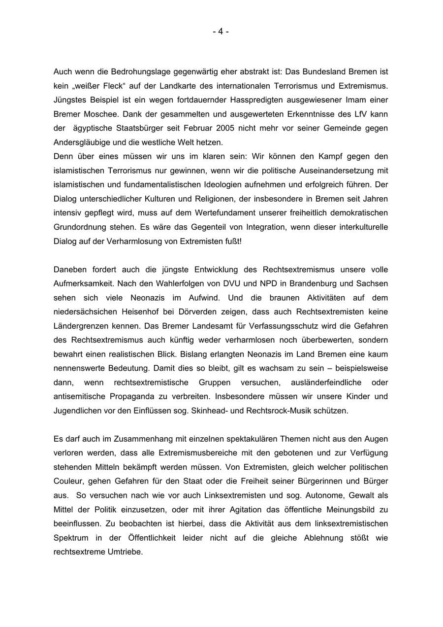 Seite 4 des Verfassungsschutzbericht 2004 Bremen