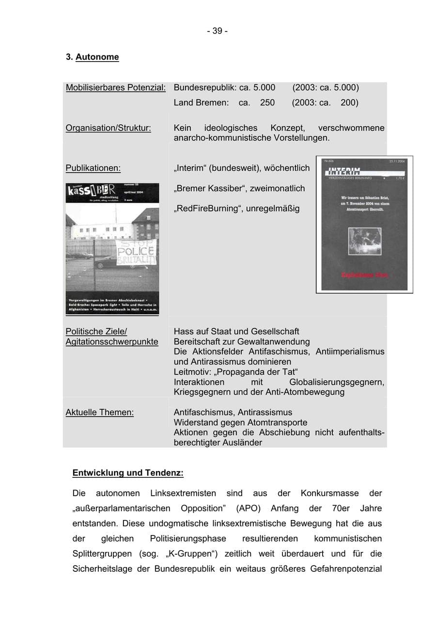 Seite 39 des Verfassungsschutzbericht 2004 Bremen