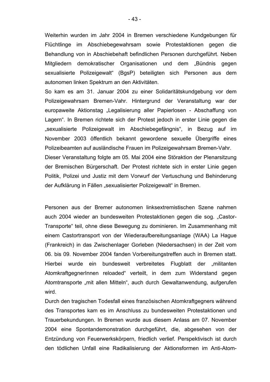 Seite 43 des Verfassungsschutzbericht 2004 Bremen