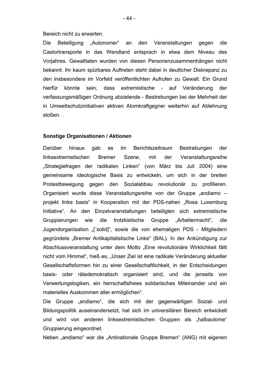 Seite 44 des Verfassungsschutzbericht 2004 Bremen