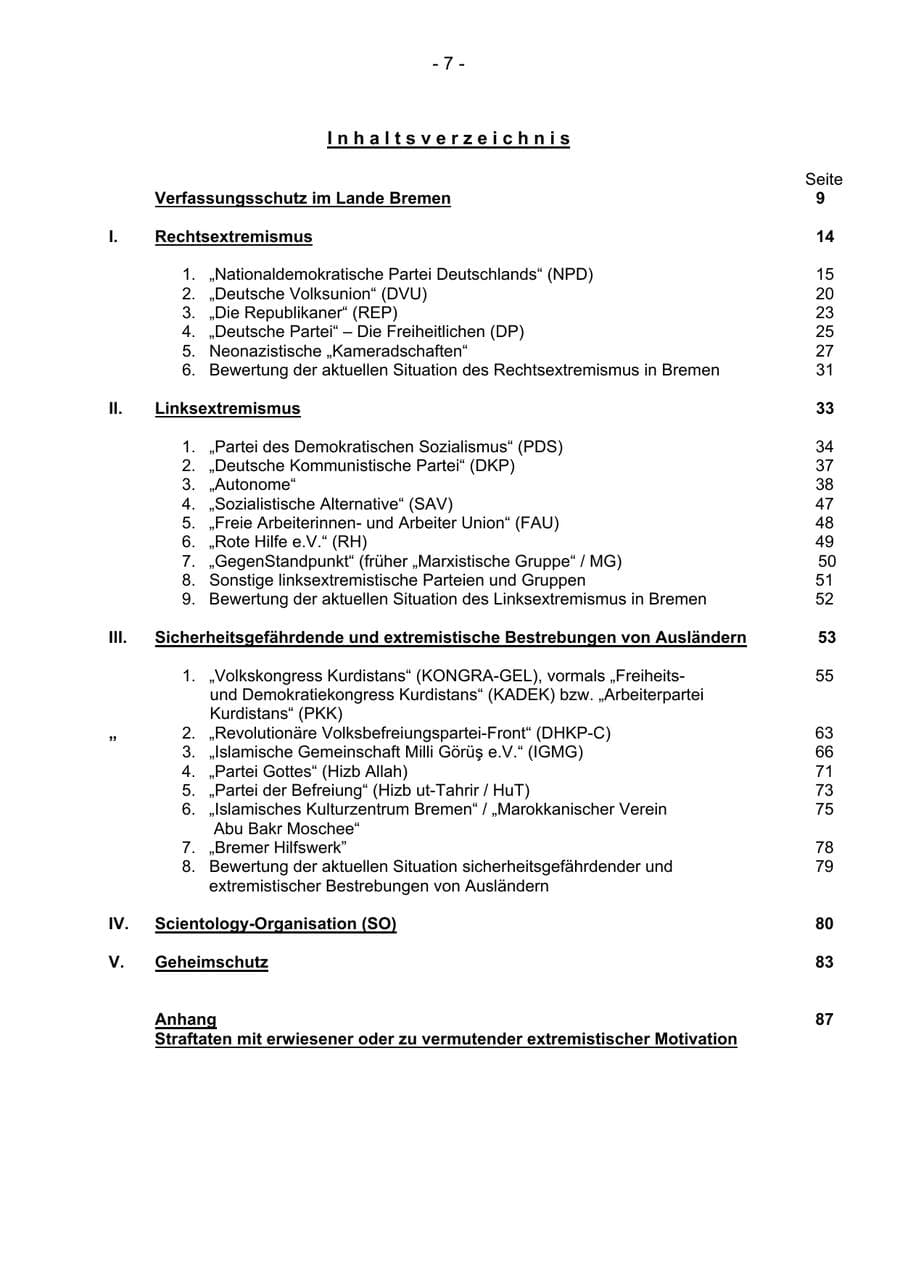 Seite 7 des Verfassungsschutzbericht 2004 Bremen