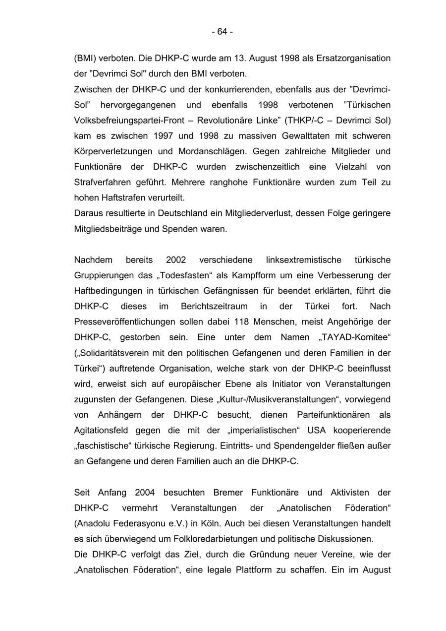 Seite 64 des Verfassungsschutzbericht 2004 Bremen