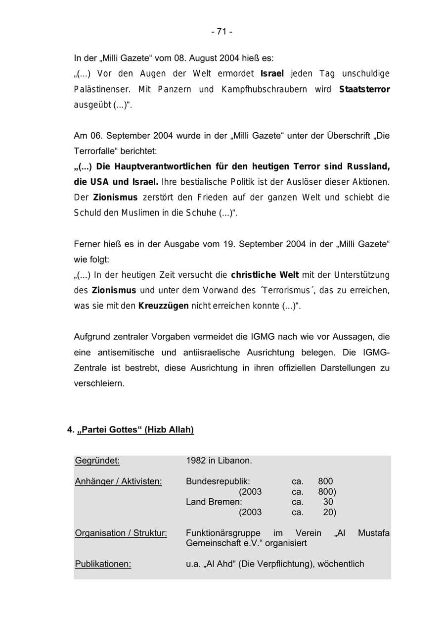 Seite 71 des Verfassungsschutzbericht 2004 Bremen