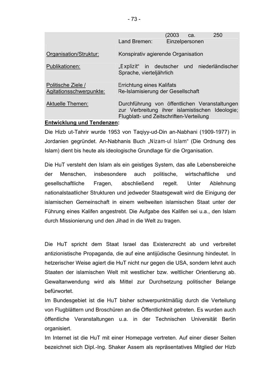 Seite 73 des Verfassungsschutzbericht 2004 Bremen